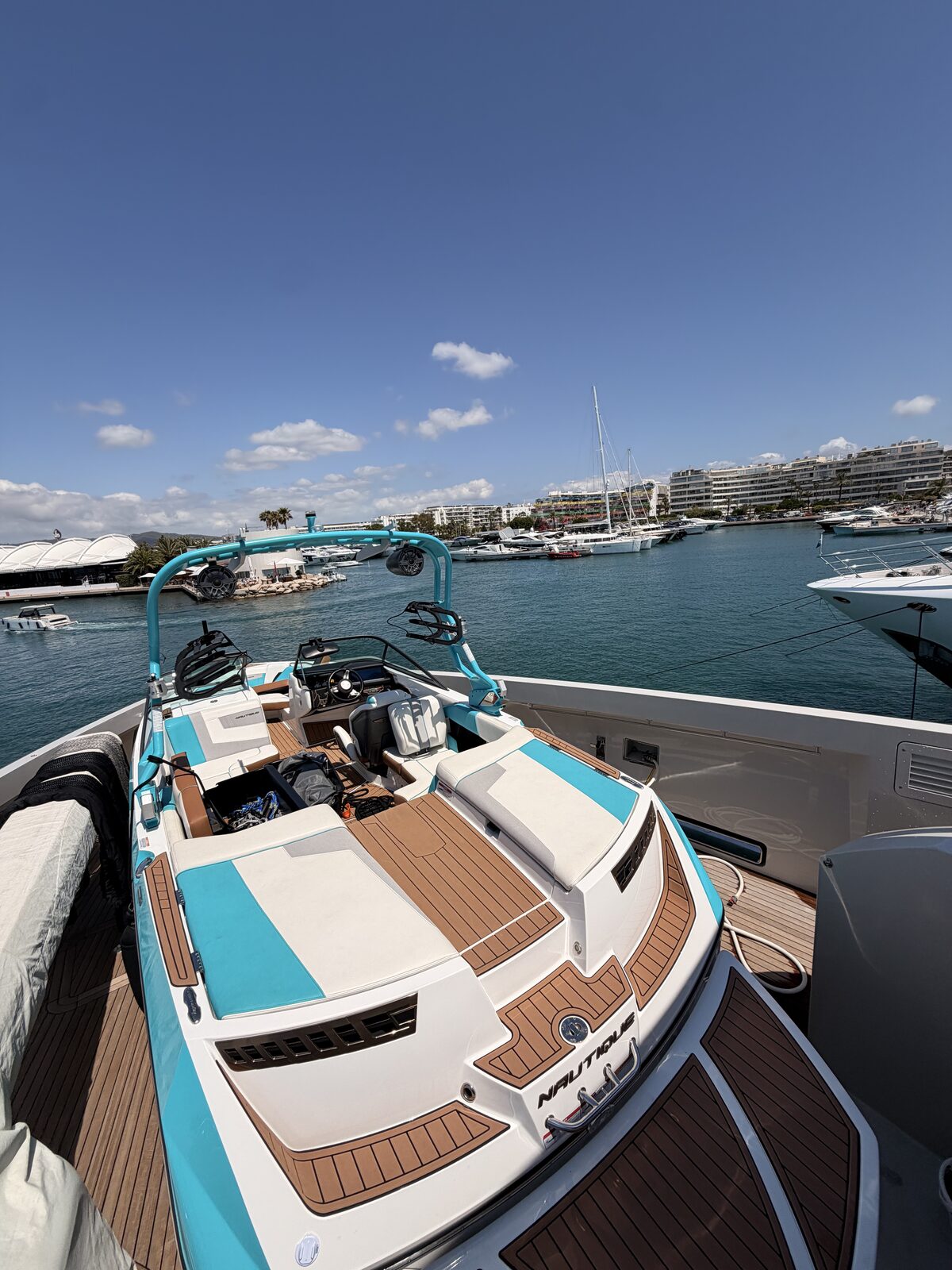 Wake tender stowed on a superyacht deck